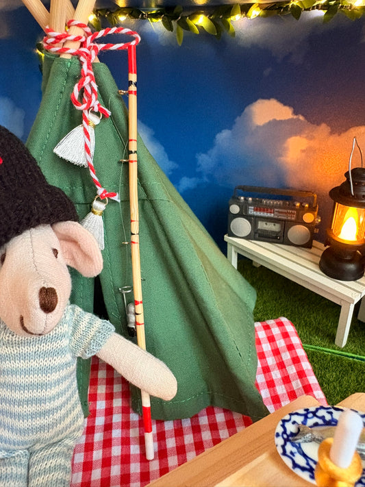 Cozy Campfire Camping Dollhouse in Striped Paperboard Suitcase