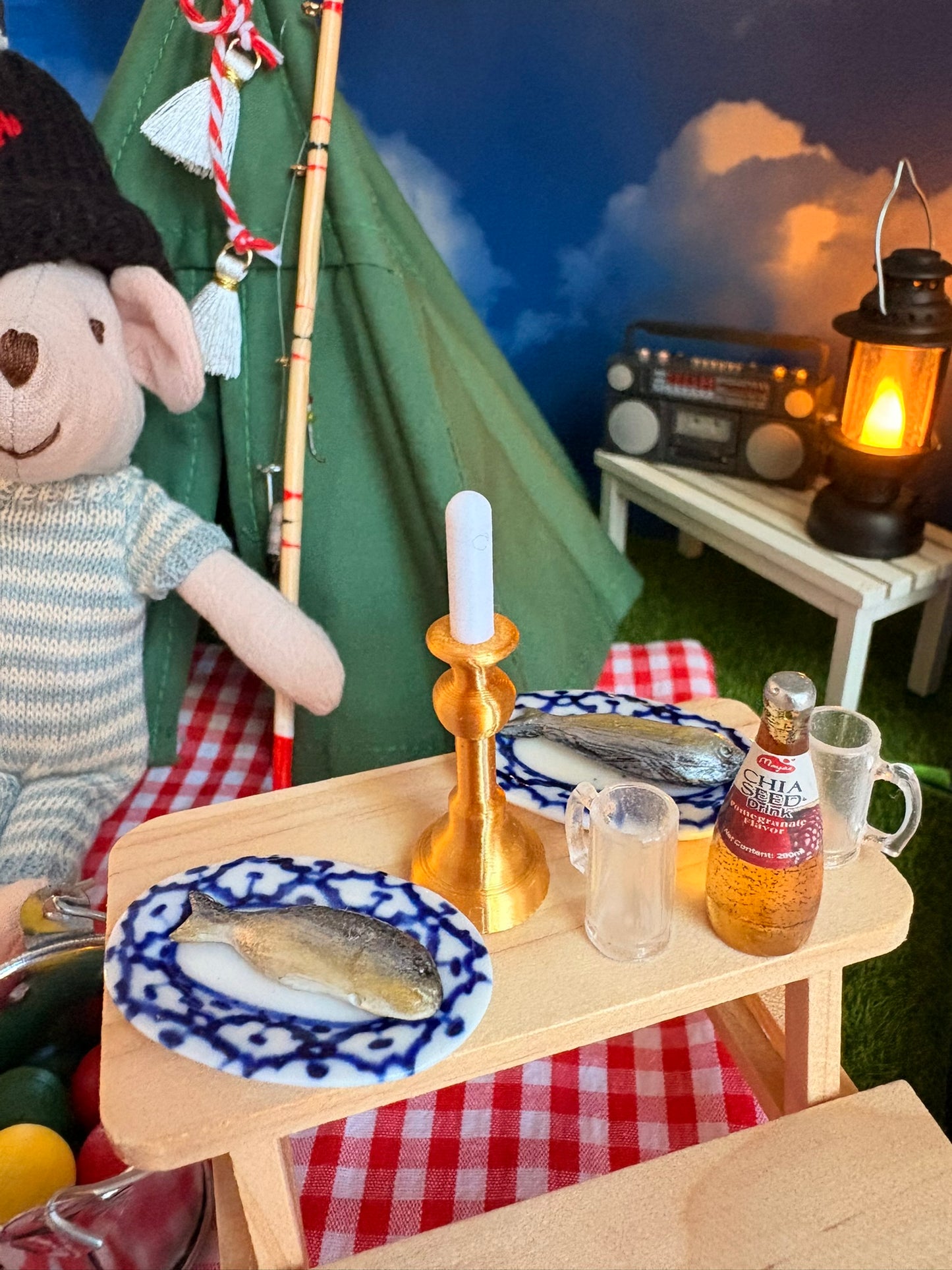 Cozy Campfire Camping Dollhouse in Striped Paperboard Suitcase