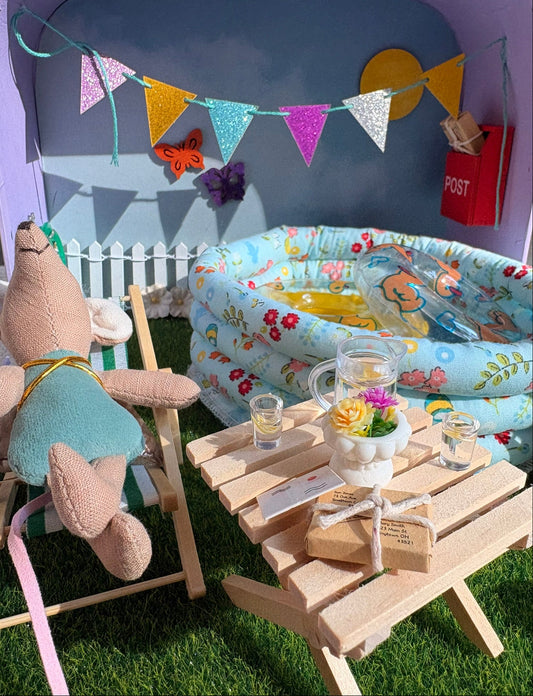 Summer Poolside Retreat in a Paperboard Suitcase Dollhouse