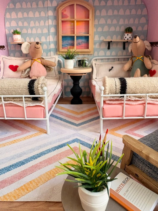Handmade Beachside Twin Bedroom in a Paperboard Dollhouse