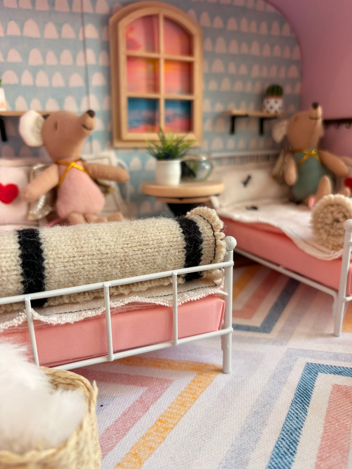 Handmade Beachside Twin Bedroom in a Paperboard Dollhouse