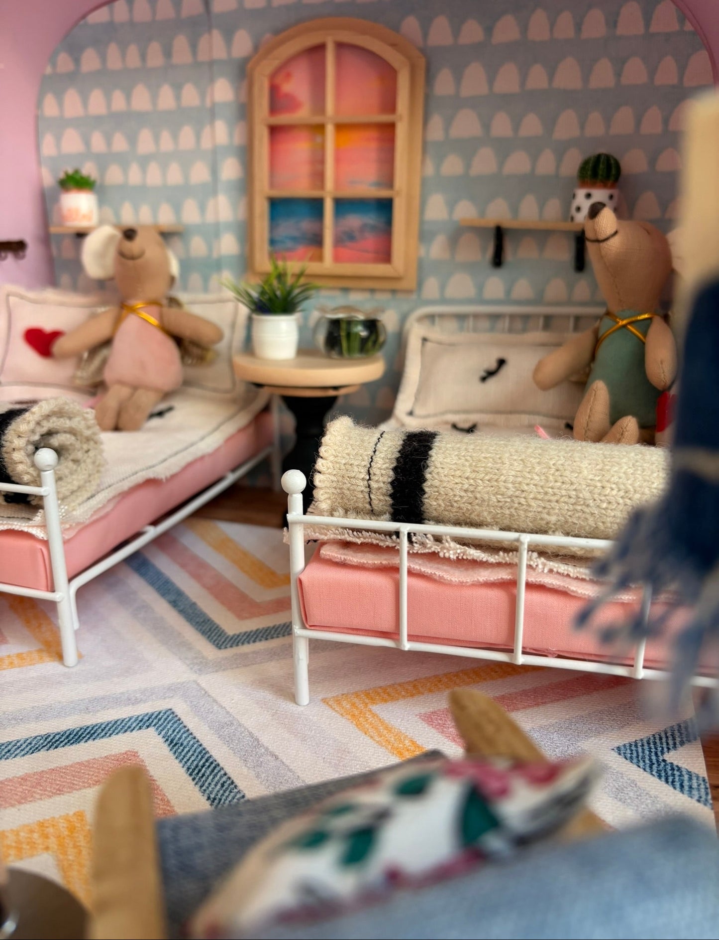 Handmade Beachside Twin Bedroom in a Paperboard Dollhouse