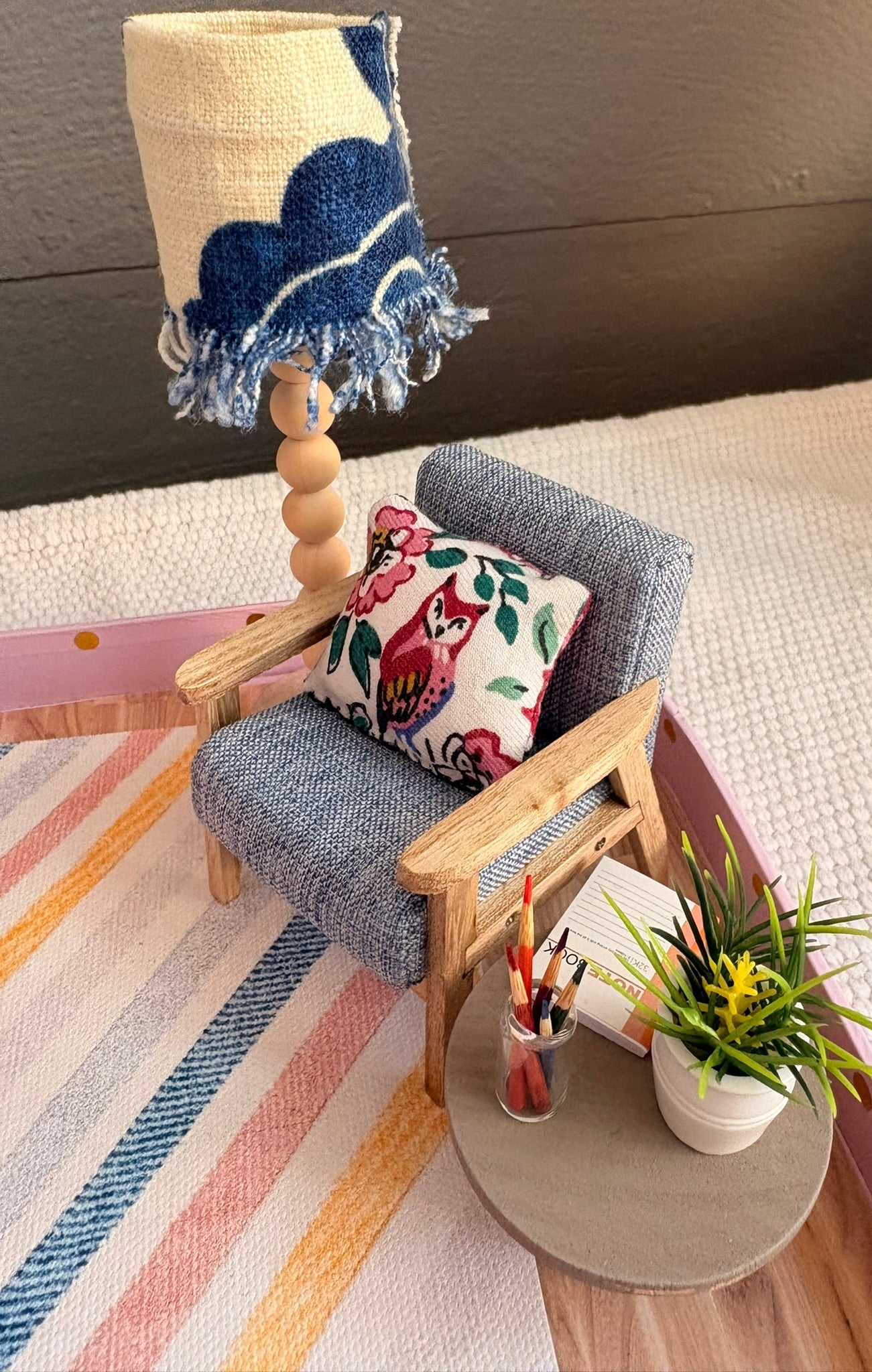 Handmade Beachside Twin Bedroom in a Paperboard Dollhouse