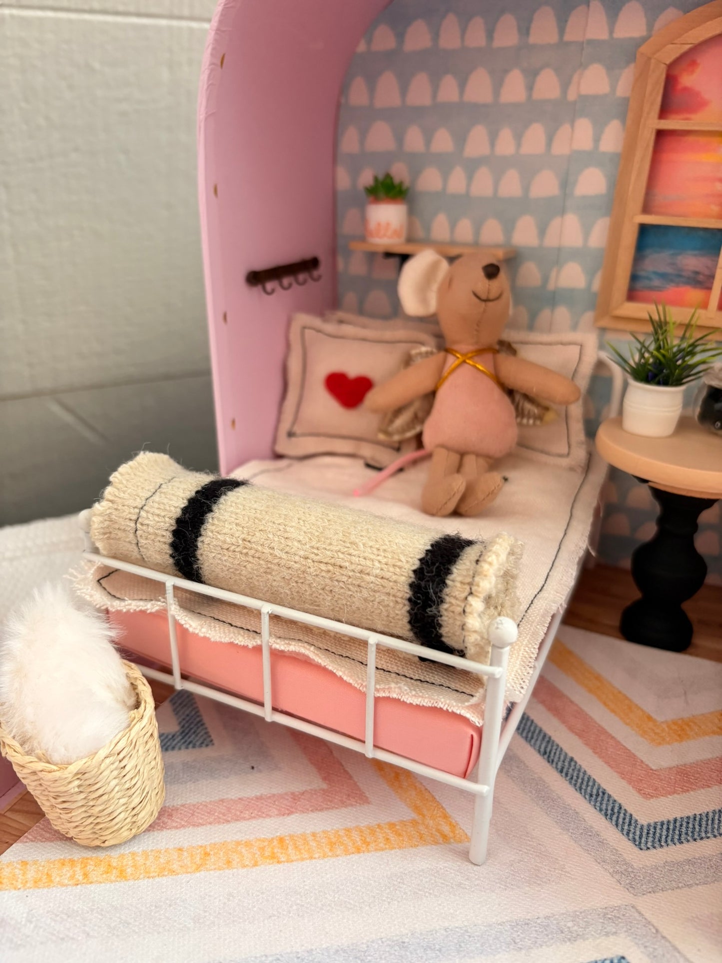 Handmade Beachside Twin Bedroom in a Paperboard Dollhouse