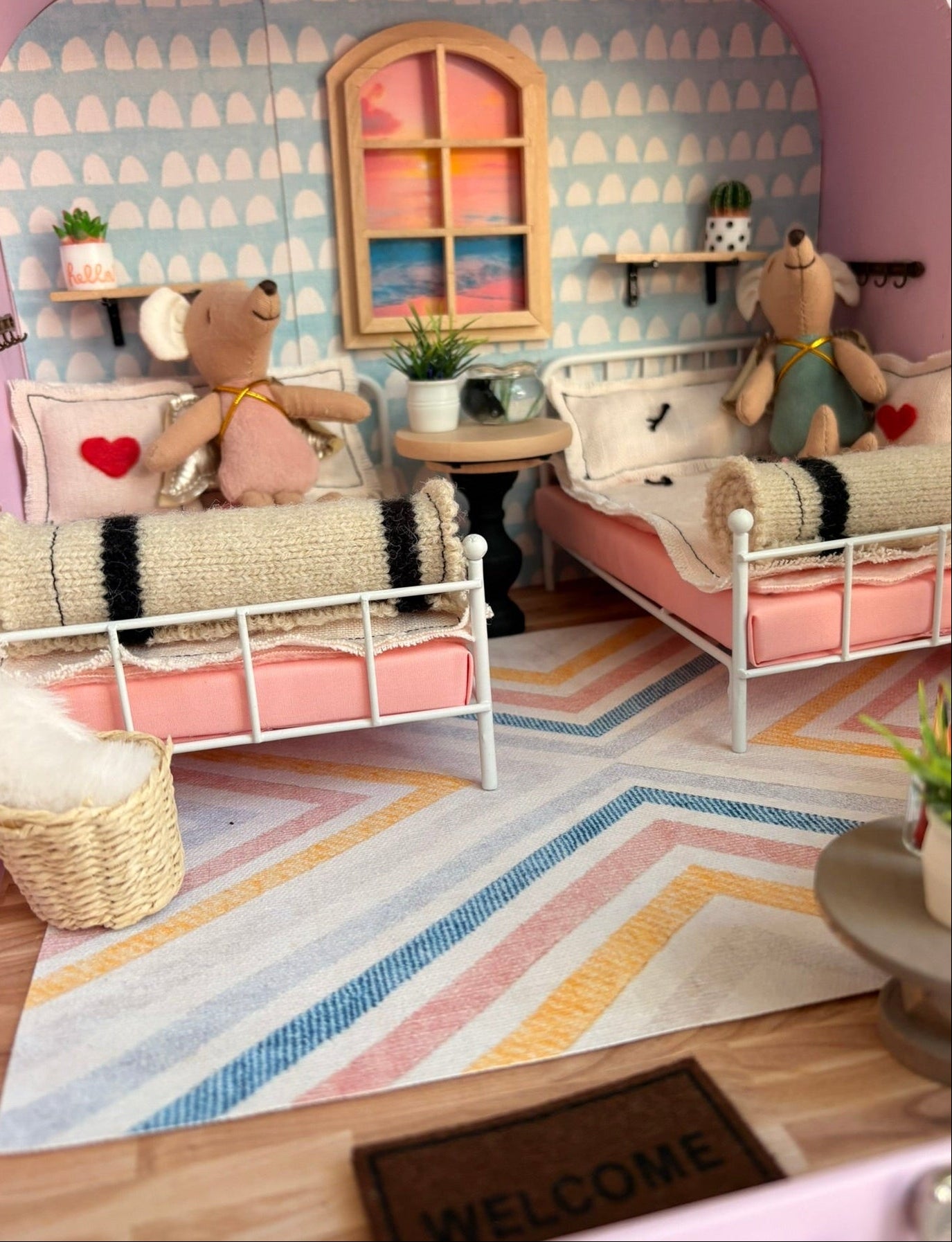 Handmade Beachside Twin Bedroom in a Paperboard Dollhouse